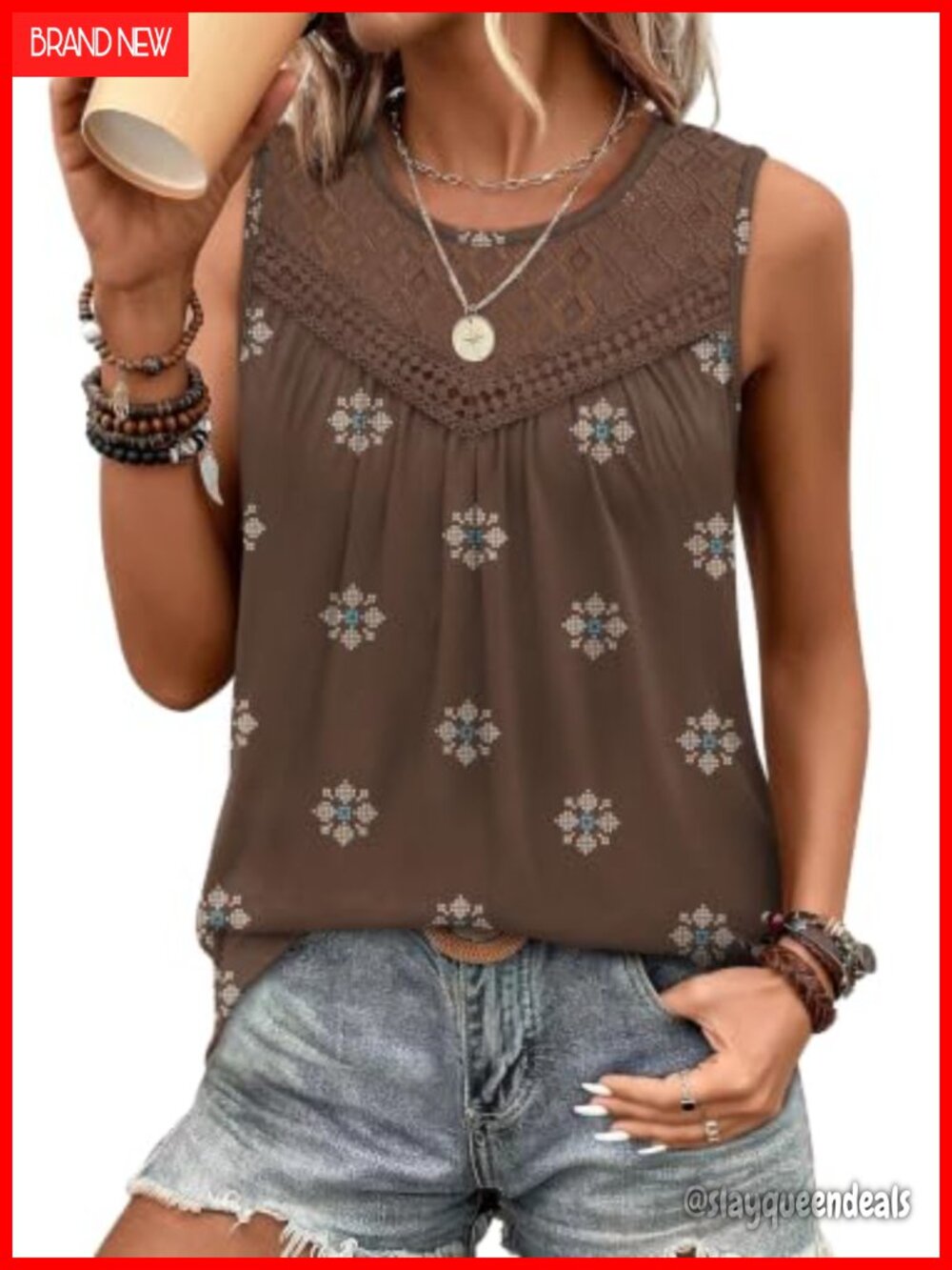 Womens Tank Top Sleeveless Lace Crochet Boho Loose Fit Pleated Tunic